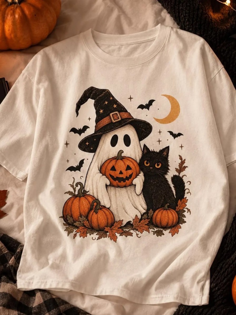 Comfort Colors White Halloween Ghost & Black Cat Tee